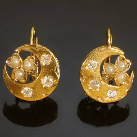 Gold Victorian earrings with old mine cut diamonds and half seed pearls